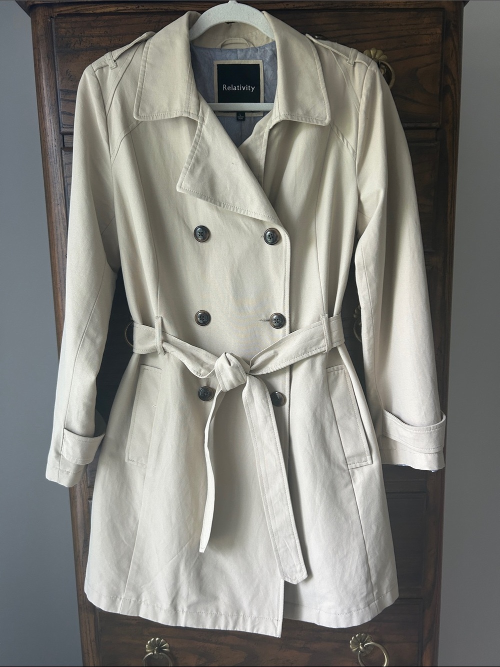 Relativity Women's Tan Double-Breasted Trench Coat with Waist Tie, Size L